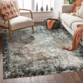 YARNSCAPE 5' x 7' Washable Area Rug - Low Pile Soft Vintage Indoor Rug for Living, Dining or Bedroom - Lightweight Carpet with Non-Slip Backing - Foldable for Easy Placement, Blackish