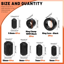 Tanstic 32Pcs Black Clip-on Ferrite Ring Core RFI EMI Noise Suppressor Cable Clip with Ferrite Rings Toroid Core Iron for 3.5mm 5mm 7mm 9mm 13mm 15mm Diameter Cable
