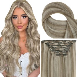 Fshine Clip-In Real Hair Extensions, Highlight, 7 Pieces/120 g, 35 cm, Real Hair Clip Extensions, Light Blonde Highlight, Remy Extensions, Real Hair Clip, Double Wefts, Full Head, #8P60