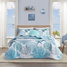 Tritard 3 Piece Coastal Quilt Sets King Size - Reversible Microfiber Quilts with 2 Shams Soft Lightweight Beach Bedding Nautical Bedspread Coverlet Summer Comforter Set for All Season, 106''x96''