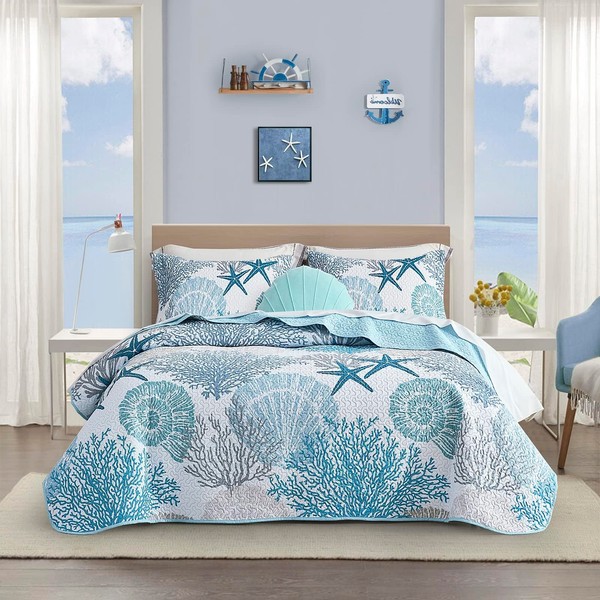Tritard 3 Piece Coastal Quilt Sets King Size - Reversible