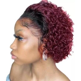 BM Peluca De Encaje Rizado Pixie, Peluca De Cabello Humano De E