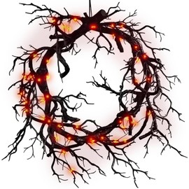 17/20inch Halloween Lighted Black Branch Wreath Decoration for Front Door, Wreath with Orange Light Gothic Indoor/Outdoor Porch Garland Haunted House Decor Christmas Garland Ornament (Large)