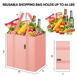 BALEINE 4 PK Grocery Bags Reusable Shopping Bags with Reinforced Bottom, Heavy Duty Foldable Tote BagsPink, 4 Pack