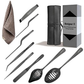 Bonigour - Juego de herramientas de cocina profesional de 9 piezas, juego de herramientas de revestimiento culinario de acero inoxidable, pinzas de
