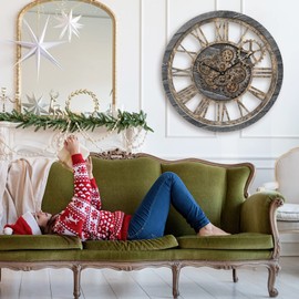 Large Wall Clock, Wall Clocks for Living Room Decor 20 Inch Farmhouse Vintage Rustic Kitchen Wall Decor Vintage Roman Oversized Wall Clock for Home Bedroom House Office, Moving Gears Clock