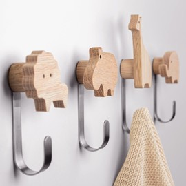 Children's Wooden Coat Hooks in Animal Shapes, Oak, Wall Hooks, Coat Hooks, Children's Room, Animals, Lion, Elephant, Hippo, Giraffe, Decoration (Oak with 4 Metal Hooks)