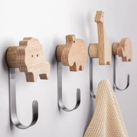 Children's Wooden Coat Hooks in Animal Shapes, Oak, Wall Hooks, Coat Hooks, Children's Room, Animals, Lion, Elephant, Hippo, Giraffe, Decoration (Oak with 4 Metal Hooks)