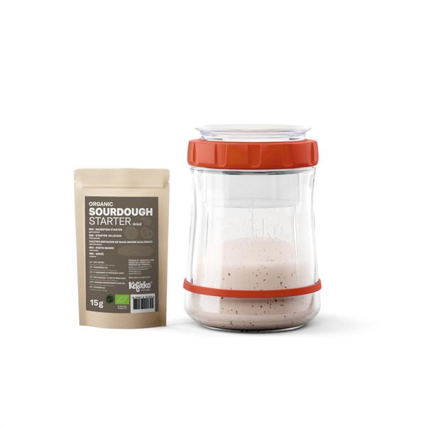 Kefirko Sourdough Starter Kit Fermenter + Organic Dry Mix, Glass Jar, Measuring Spoon, Fermentation Clock & Instruction Book (Orange)