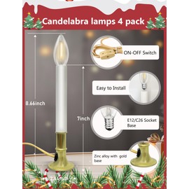 Paquete de 4 velas eléctricas de Navidad con bombillas C26 de 0,6 W con enchufe de luz transparente, luces de 9 pulgadas con base chapada en oro, juego de velas eléctricas para cocina, ventana, mesa
