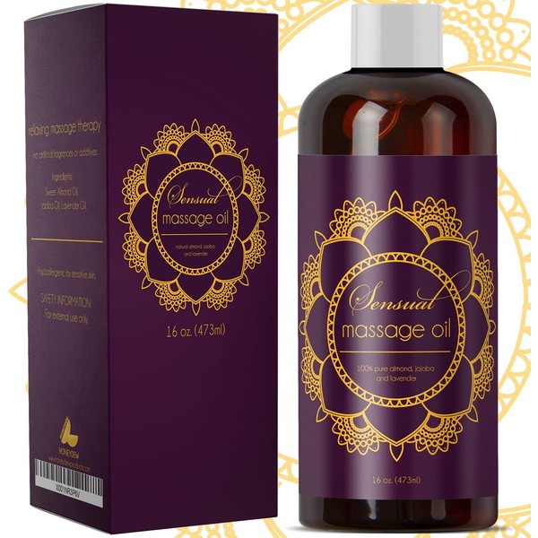 Aromatherapy Sensual Massage Oil for Couples - Lavender Massage Oil Enhanced with High Absorption Sweet Almond Oil Jojoba Vitamin E and Relaxing Lavender Essential Oil - Full Body Massage Oil 16oz