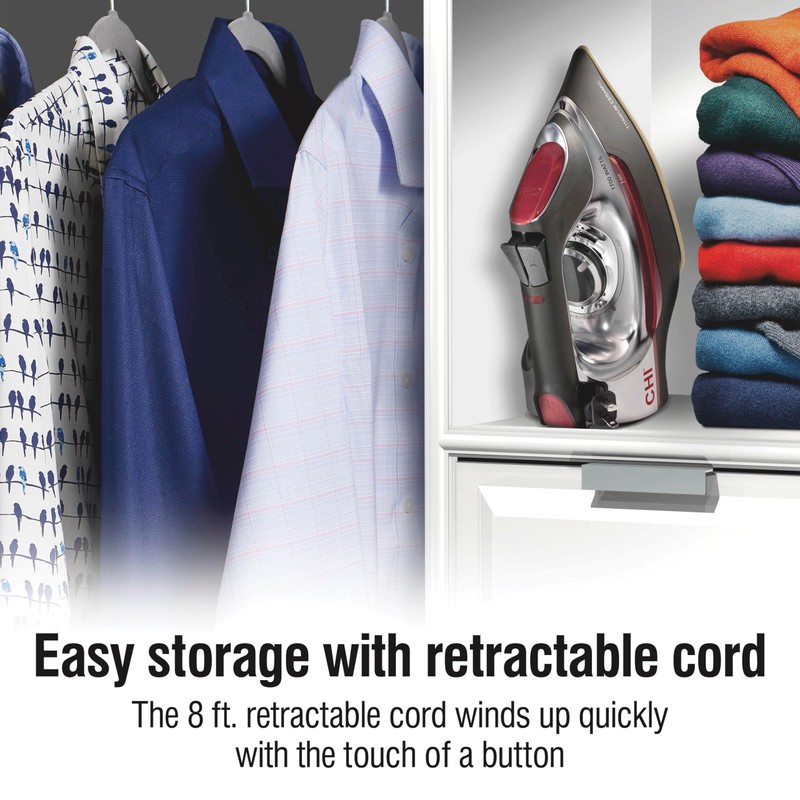 CHI Steam Iron for Clothes with 8’ Retractable Cord, 1700