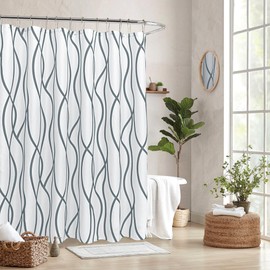 Biscaynebay Extra Long Textured Fabric Shower Curtain 72 W x 84 L, Dark Grey Printed Striped Linen Modern Hotel Luxury Quality Cloth Bathroom Curtains Machine Washable