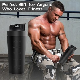 JOLIGAEA Stainless Steel Protein Shaker, 750 ml Shaker Protein Sports Fitness Protein Shaker Protein with Scale Ideal for Protein, Diet and Fitness Shakes, Black