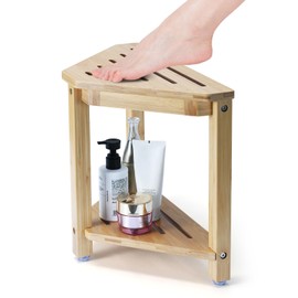 Boulphia Shower Foot Rest 13.8in, Bamboo Shower Stool for Shaving Legs, Waterproof Corner Shower Stool with Storage Shelf, Shower Foot Stool for Inside Small Shower Spaces
