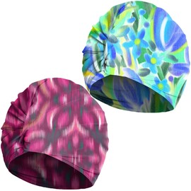 2Pcs Fabric Swim Cap Flower Swim Cap Women Adult Nylon Cloth Swimming Hat for Women Long Hair Pleated Elastic Comfort Bathing Cap for Men Women