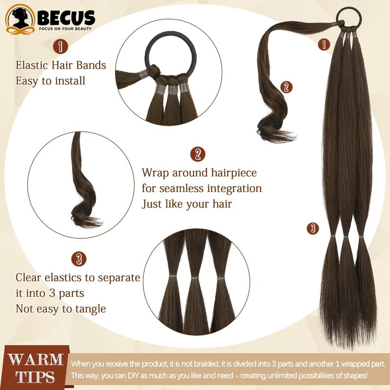 BECUS Long Braid Ponytail Extension with Elastic Tie Straight Sleek
