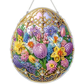 JJFox Easter Egg Flower Diamond Art Hanging Kit for Adult,Special Shaped Rhinestone,DIY Acrylic 5D Diamond Art Painting Window Pendants Home Garden Wall Hanging Kits Hanging Ornament,Double Sided