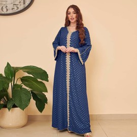 FPOVFPO - Vestido musulmán de Abaya de una pieza con cuello en V, vestido de bronce, islámico de longitud completa, vestido informal para uso diario, Azul oscuro, M