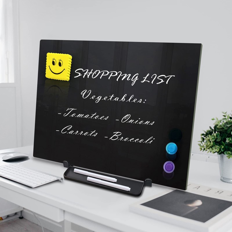 Black Magnetic Glass Board Desktop Easel, 16x12 Black Dry Erase