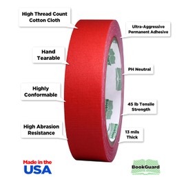 BookGuard 1 Inch Premium Bookbinding Repair Cloth Tape, 15 Yard Roll, Red