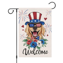 Louise Maelys Patriotic Golden Retriever Garden Flag 12x18 Double Sided Burlap, Small 4th of July Welcome Garden Yard House Flags for Memorial Independence Day Outdoor Decor (Only Flag)