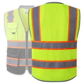 JKSafety 9 Pockets Class 2 Hi-Vis Safety Vest High Visibility Reflecitive Mesh Safety Vests for Men and Women Cushioned Collar Work Utility PPE Work Gear ANSI/ISEA compliant (101-YBlack M)