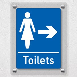 V Safety Women's Toilets - Arrow Right Blue Acrylic Sign 200x300mm - Durable, Shatterproof Directional Signage