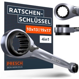 PRESCH Double Ratchet Wrench 10 13 17 19 mm - Switchable Ratchet Function - Precision Milled with 90 Teeth and 4° Return Angle - 4 Sizes in One Key - 4 in 1 Ring Ratchet Wrench