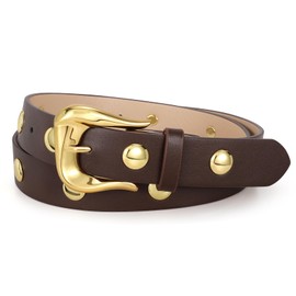 LEACOOLKEY Women Leather Belts for Jeans Dress Fashion Gold Black Leather Belt Women Studded Belt Punk Leather Belt