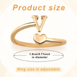 Mikovivi Heart Initial Stackable Rings, Adjustable Pinky Rings Cute Capital Letter Rings Heart Rings Non Tarnish Gold Rings Alphabet Gold Pinky Rings Jewerly Gift for Women (V)