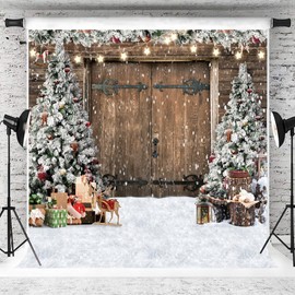 AIIKES 10x10FT Christmas Backdrop Winter Christmas Rustic Barn Wood Door Photography Backdrop Xmas Tree Snow Gift Family Holiday Party Decor Backdrop Photo Studio Props 12-630