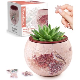PieceRelax 3D Puzzle Planter - Singing Birds and Flowers - Danish Folklore Style, Home Decor Flower Pots for Indoor Cactus, Succulents Pots [K1100]