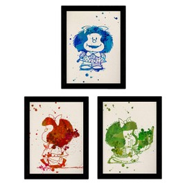 Nacnic Set of 3 Mafalda Prints for Framing, Watercolour Style. Posters with Images of Mafalda in Three Colours, Size 30 x 40 cm.