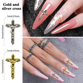 YECIRALA 100 Pieces 3D Gold & Silver Cross Nail Charms for Nail Art