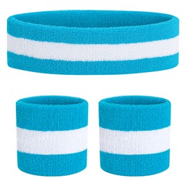 ONUPGO Sweatband Set (3pcs) Sports Headband Wristband Striped Sweatbands Terry Cloth Wristband Sports Exercise Basketball Wrist Sweatband and Headbands