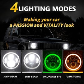 MONDEVIEW 7 Inch LED Headlight Round H6024 High Low Beam, Turn Signal DRL for Jeep Wrangler Chevy Ford Nissan Hummer, DOT Approved, Green Yellow, 2 PCS