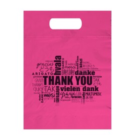 ALFAEX Pack of 40 Die Cut "Thank You" in Multiple Languages Plastic Bags Strong and Reusable for Small Businesses and Gift Items. (Hot Pink, Medium (12" x 15" x 1.5" Gusset))
