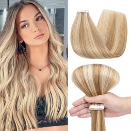 Benehair Tape in Hair Extensions Real Human Hairs #12P613 Golden Brown Mix Bleach Blonde Invisible Tape Remy Straight Extension 20 Inches (25 g)