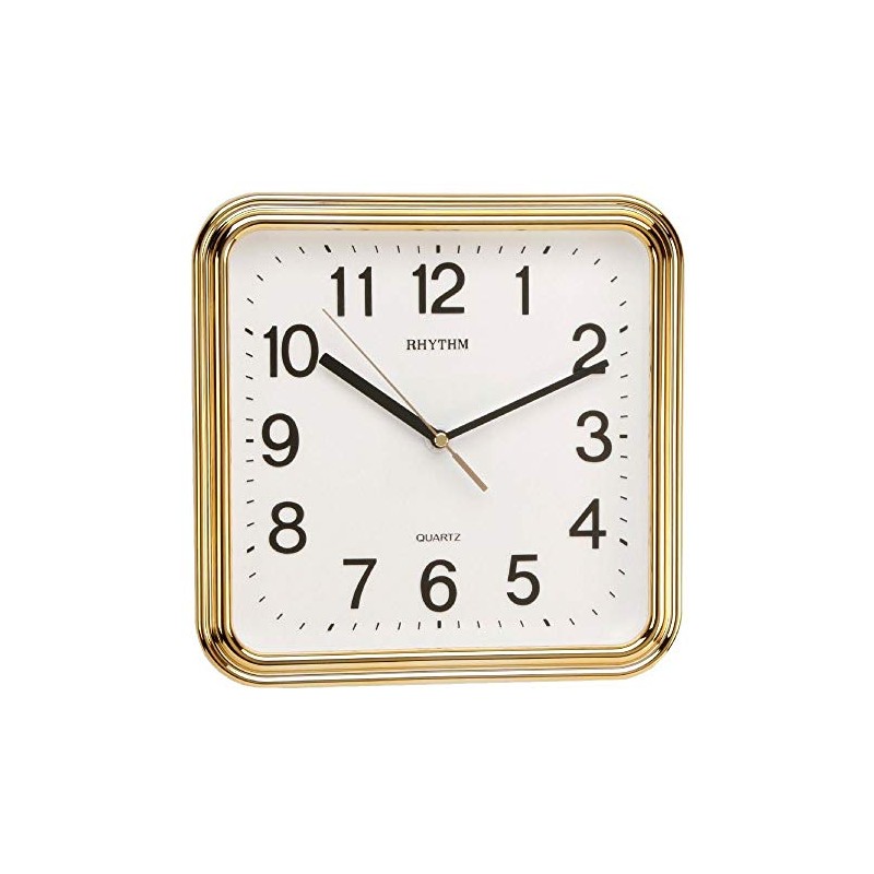 RHYTHM Square Silent Movement Wall Clock, 25cm, Gold & White