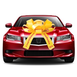 Giant 30" JumBow Magnetic Car Bow - Grad Year 2025, Weather Resistant Vinyl, No Assembly, Indoor/Outdoor Use (Yellow Bow Red Font)