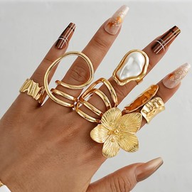 Navirix Chunky Gold Flower Statement Rings for Women,Large Floral Pearl Stackable Knuckle Rings Set,Unique Trendy Jewelry Cocktail Accessories(,Golden)