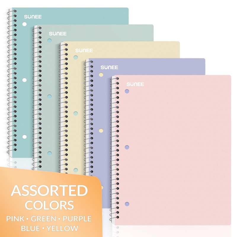 SUNEE Spiral Notebooks, 1-Subject, 5 Pack, College Ruled Paper, 8"