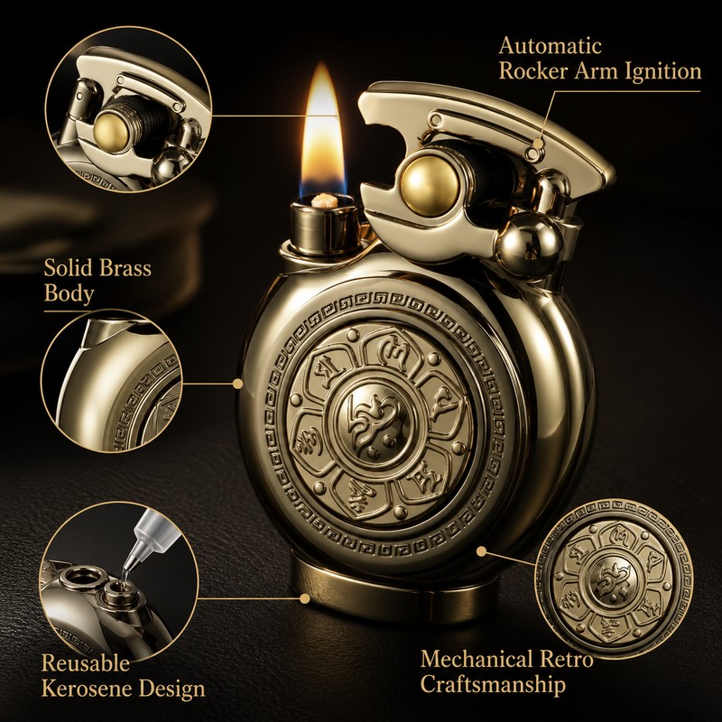 Brass Rocker-Arm Refillable Liquid-Fuel Lighter – Mechanical One-Hand Pocket Lighter