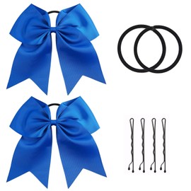 Blue Cheer Bow, 2 PCS 8 Inch Large Royal Blue Cheer Hair Bows Ponytail Holder Elastic Band Handmade for Cheerleaders Teen Girls College Sports (Blue)