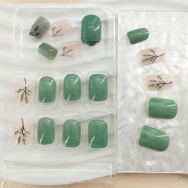 Press on Nails Short Square Fake Nails Acrylic Nails Press ons with Leaves Designs Lake Green & Pink Full Cover Stick Glue on Nails for Women 24 Pcs