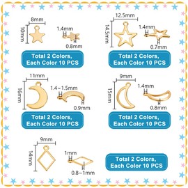 PH PandaHall Pack of 100 Star Moon Rhombus Pendants 5 Styles Stainless Steel Pendant Dangle Charm Metal Star Moon Charms for Jewellery Making Charms Accessories DIY Craft Necklace, Stainless Steel, No