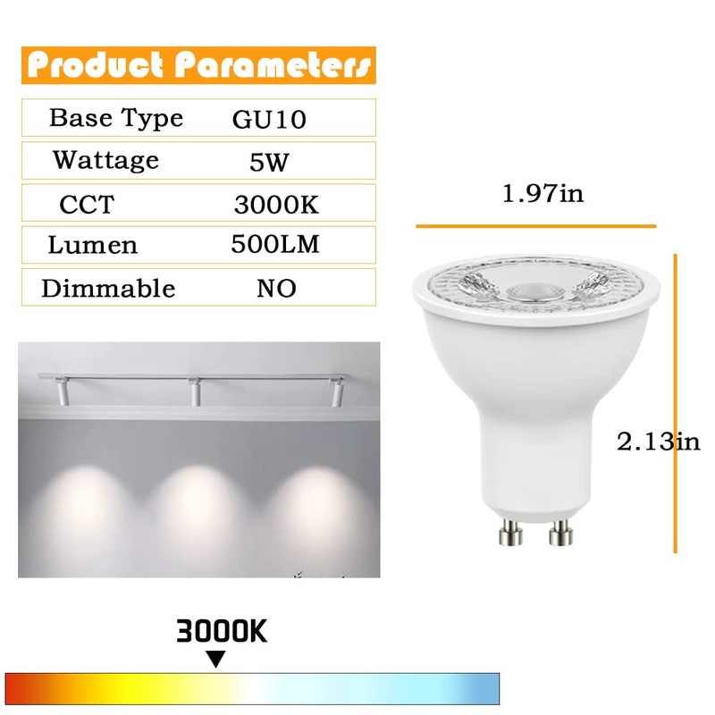 Geminilite GU10 LED Bulbs Non-Dimmable, 3000K Warm Light Replacement for