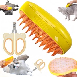 SVIEILLES Cat brush Grooming Kit 3 In 1 Self Cleaning Cat Steamer Brush -Cat Nail Clipper- Removes Tangled Hair and Massages (Yellow cat brush+cat nail clippers)