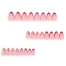 24PCS Valentine's Medium False Nails with Glue Stickers,Almond Full Cover Acrylic Nails Press on Nails no Glue,Red Heart Fake Nails Stick on Nails for Women and Girls Nail Art